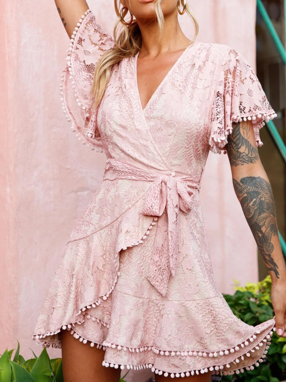 Selfie Leslie Cami Angel Sleeve Faux Wrap Dress Lace Blush Large